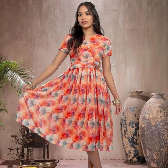 Red Printed Dress with Bow | Harmony Hues | Muvvas Boutique - Picture 3 of 5